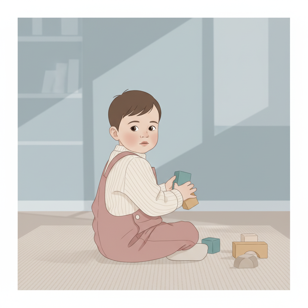 Soft, muted illustration of a very young child (toddler) sitting alone playing with blocks, looking back over their shoulder with an uncertain expression. Minimalist style.