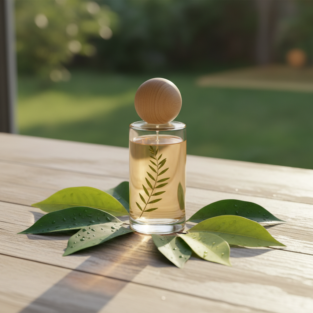 Close up of a minimalist perfume bottle on a wooden table with green leaves and sunlight, natural and organic vibe