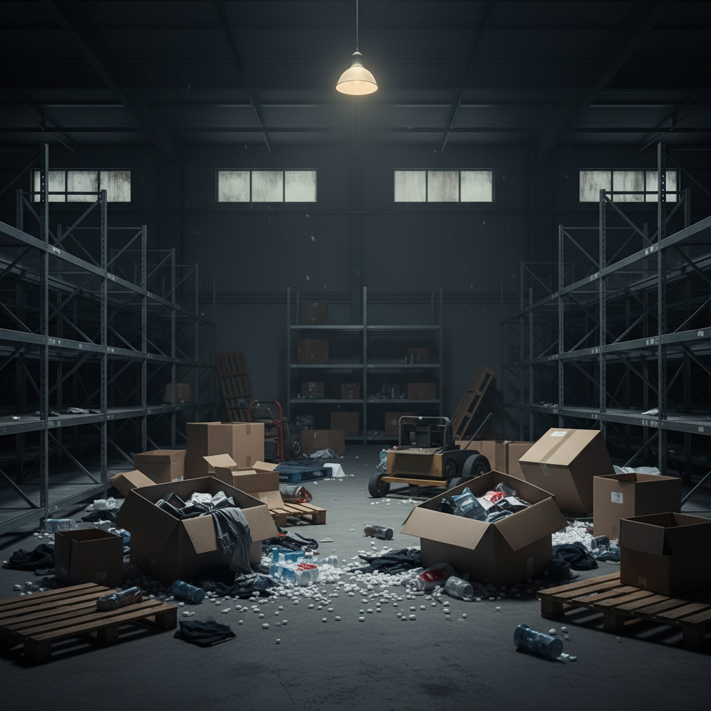 Cinematic photo of a disorganized retail warehouse with overflowing boxes and empty shelves, low key lighting, moody atmosphere representing business loss and chaos