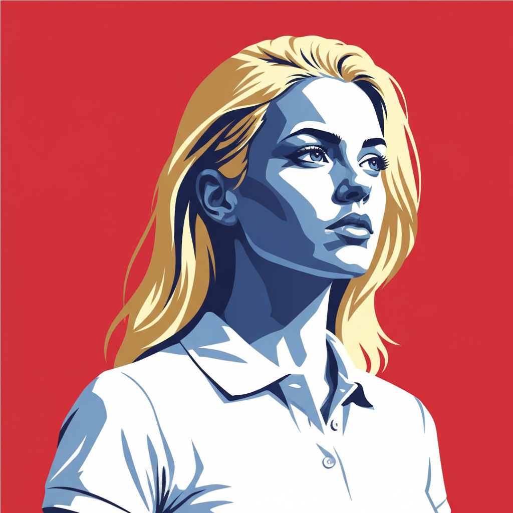 Portrait of a blonde young woman in a white polo shirt, propaganda art style, looking away confidently, red background, blue shadows, vector art, sharp lines.