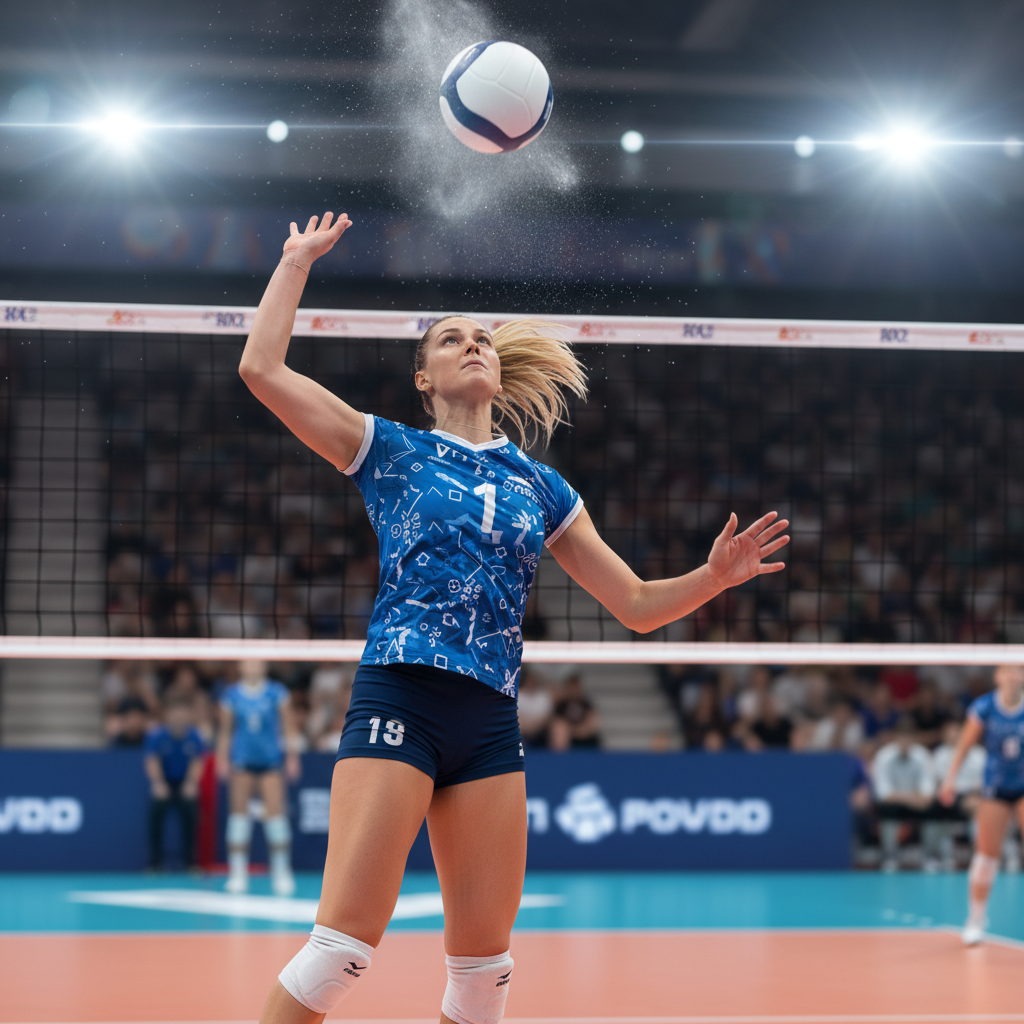 Volleyball player serving the ball, freeze frame at moment of impact, dynamic sports photography, clear focus on the server