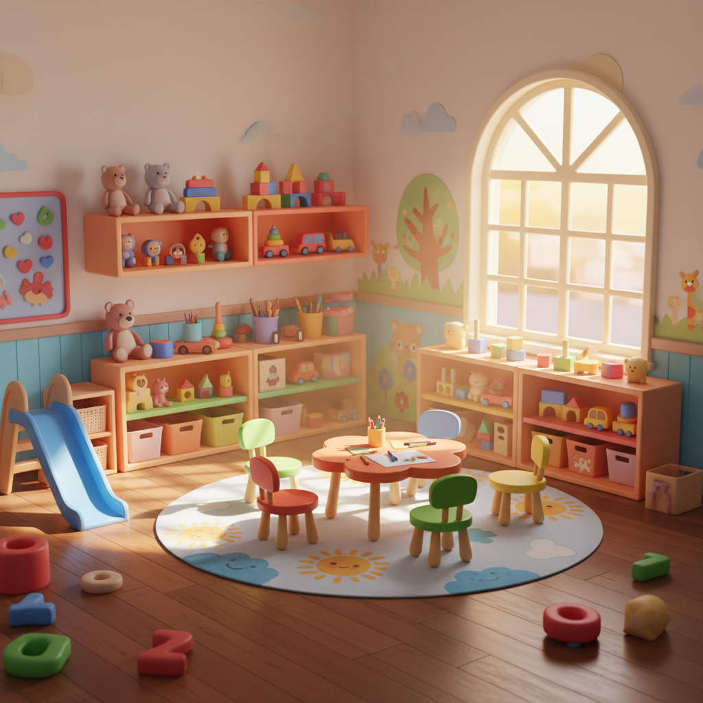 Bright and colorful kindergarten classroom interior, cartoon style, happy atmosphere, toys on shelves, sunny window, 3d render