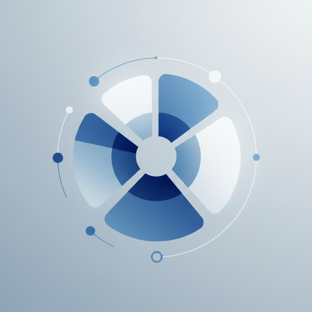 Minimalist graphic representation of investment slices or pie chart concept, business strategy aesthetic, blue and white tones, soft focus