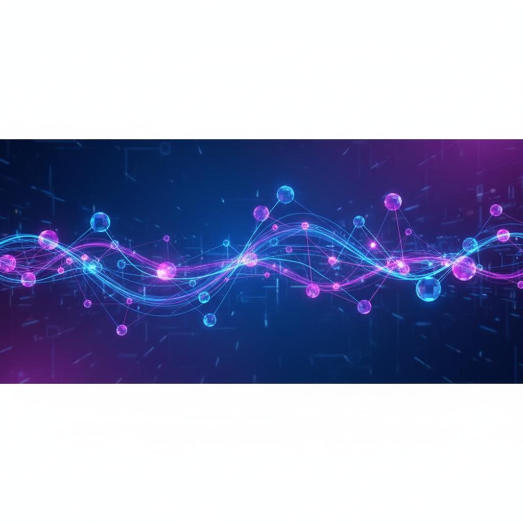 Abstract digital network background with blue and purple data streams connected nodes, high tech, professional style