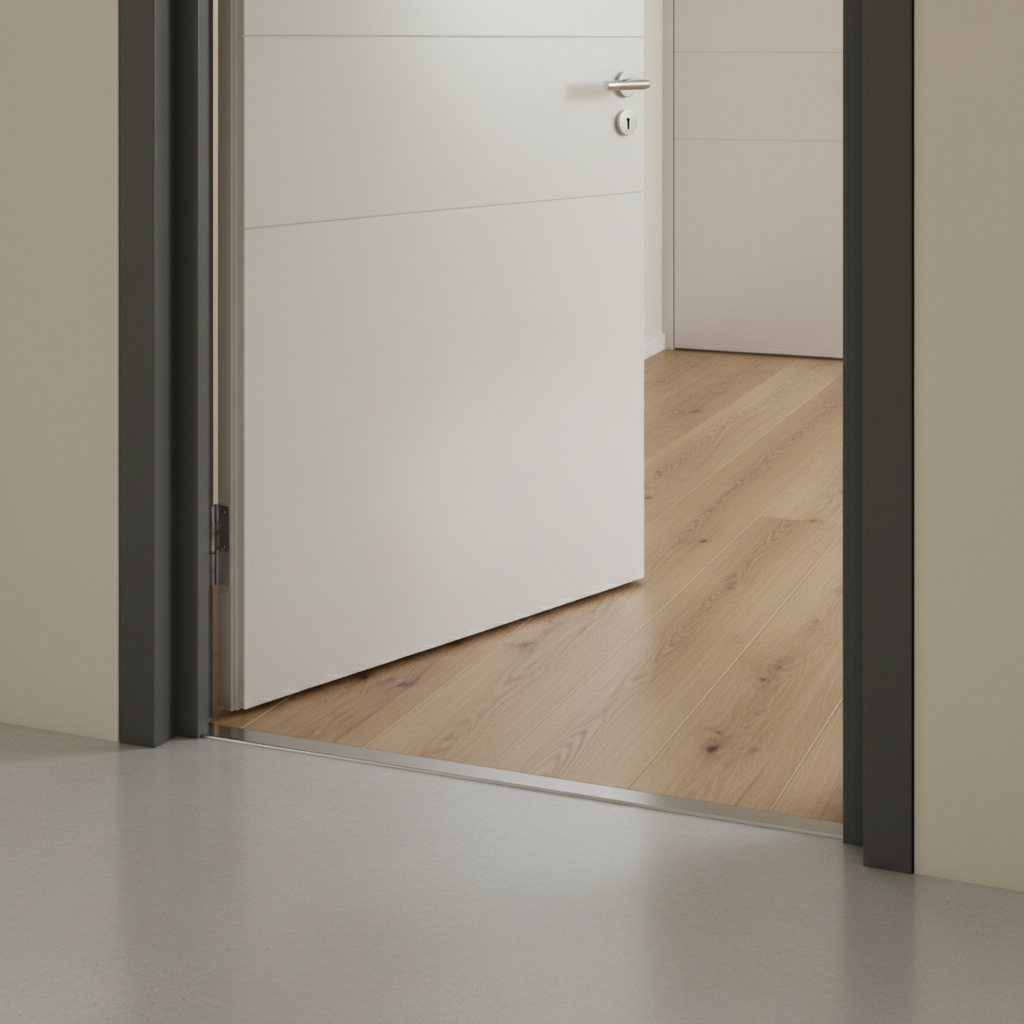 Close-up render of a modern apartment door threshold showing a flat, barrier-free entrance with a wide doorframe, wheelchair accessible design