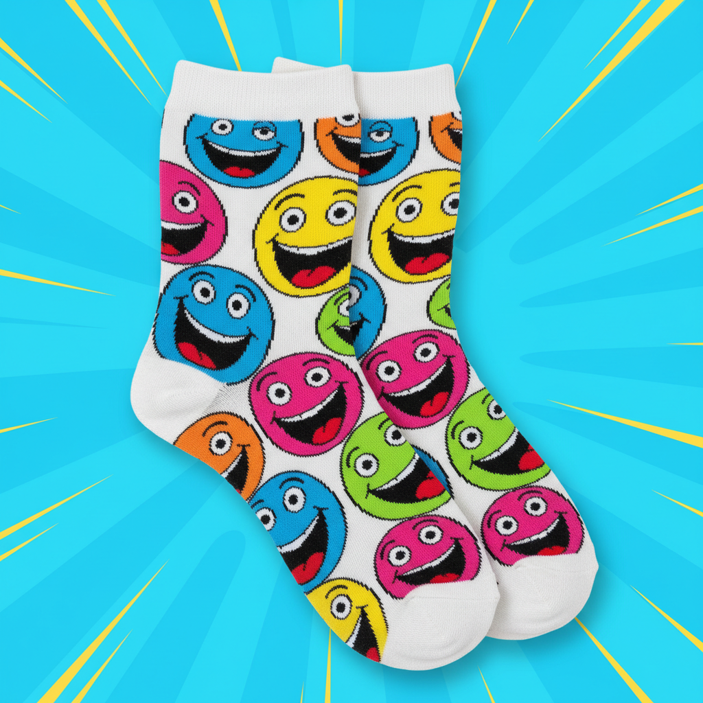 Close up photo of white socks with a funny face pattern printed on them, hysterical, bright colors, pop art style
