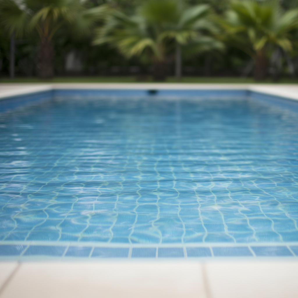 clean swimming pool with clear blue water, focus on water surface, soft lighting, high resolution, no people
