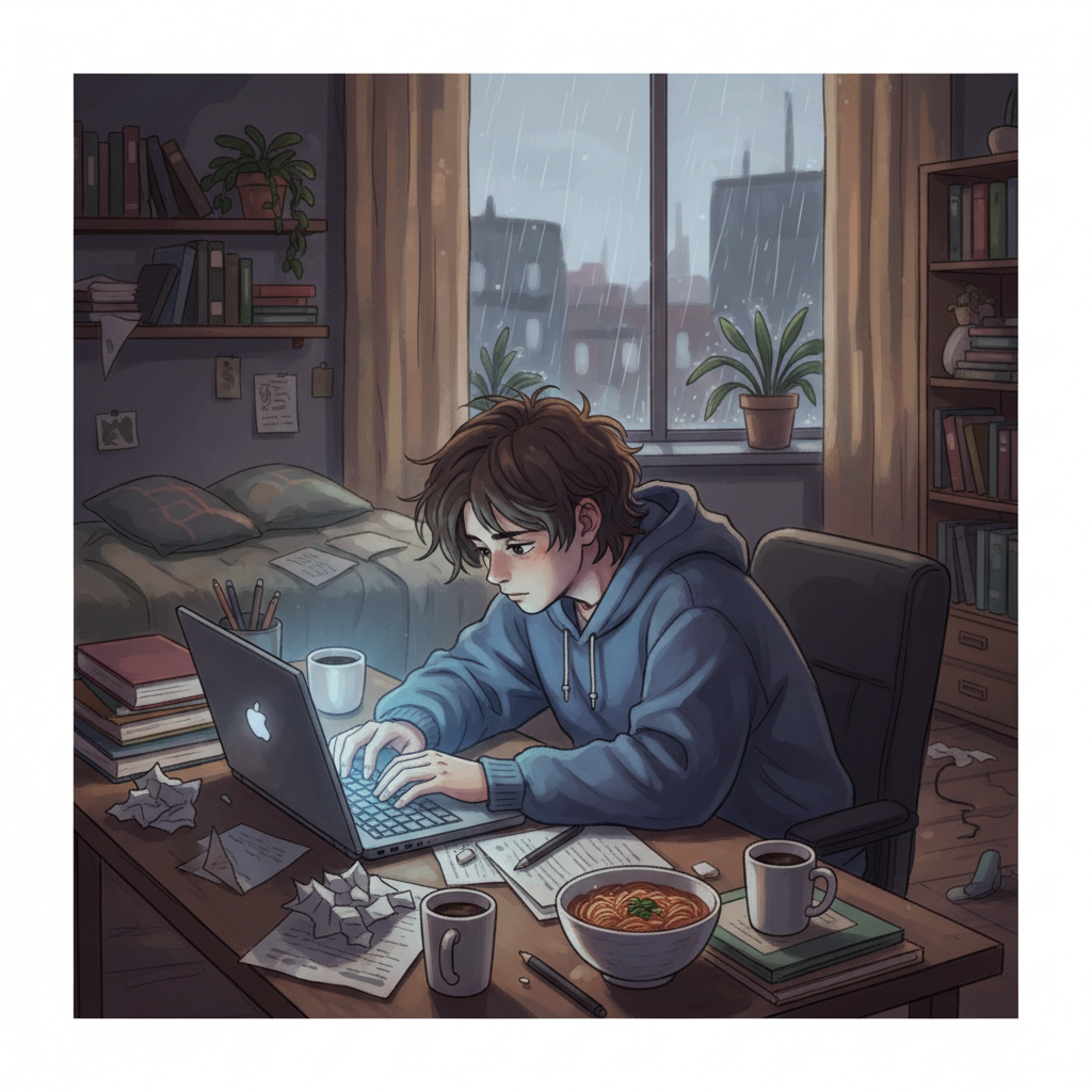 Conceptual illustration of student studying alone at home with laptop, representing remote learning challenges, soft lighting