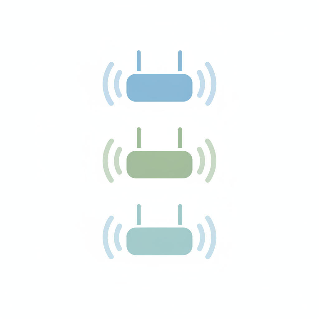Three simple wireless router icons emitting radio waves, arranged vertically, clean vector art, pastel blue and green colors, white background