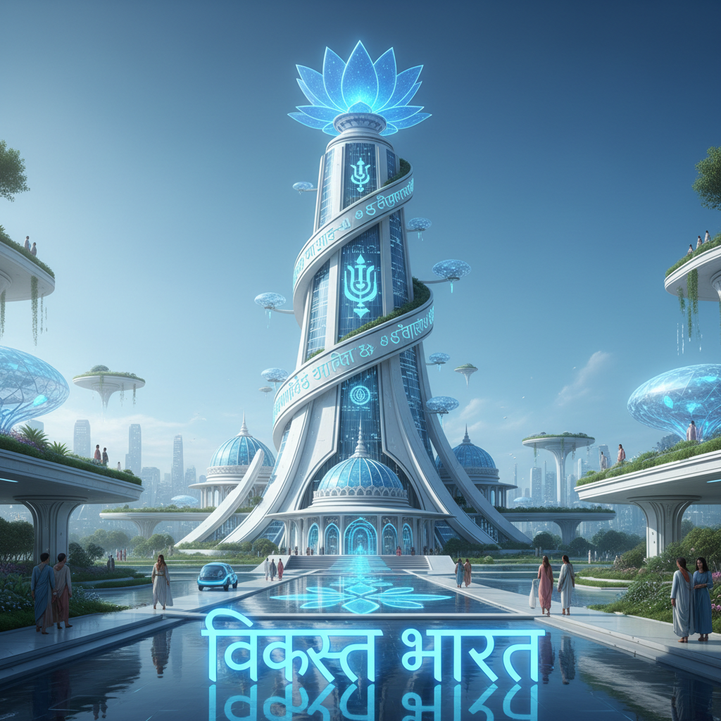 Futuristic yet cultural vision of India 'Viksit Bharat', clean architectural lines meeting spiritual symbols like a lotus, sky blue lighting, professional digital art