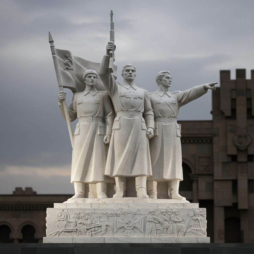 Monumental statue style of Soviet Armenian soldiers, heroic pose, marble texture, dramatic lighting