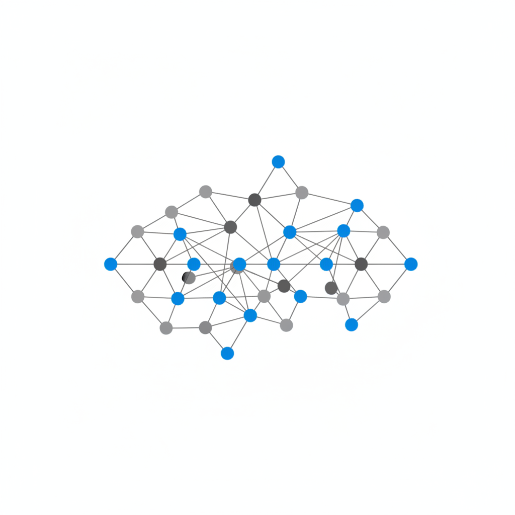 Diagram of a graph network with some nodes highlighted blue (selected) and others grey, showing that no blue nodes touch each other, scientific diagram style on white background
