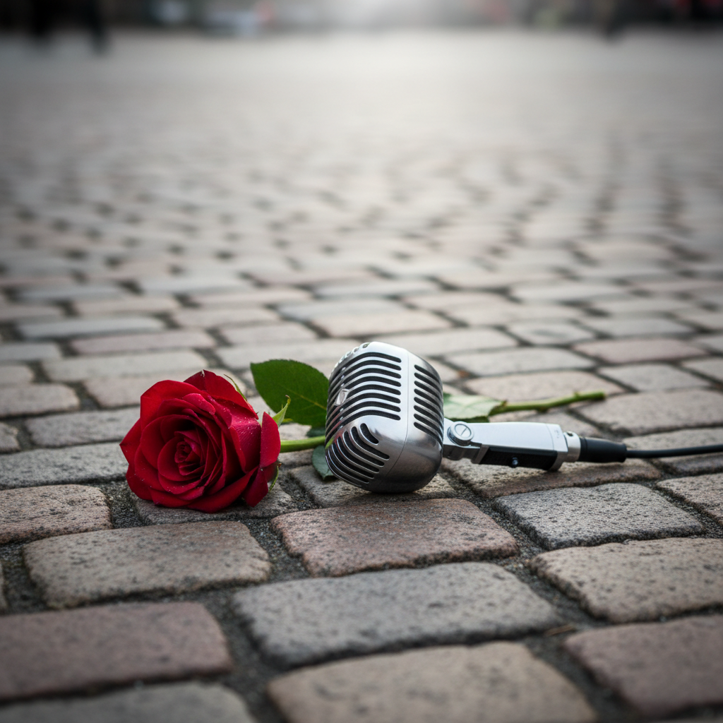 A microphone lying on cobblestones next to a single red rose, respectful tribute style