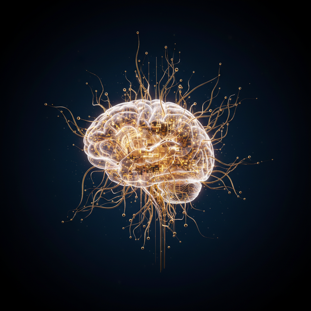 Abstract representation of a human glowing brain with intricate golden neural networks connecting in a dark blue void, cinematic lighting, hyper-realistic, 8k resolution, biotechnology concept.