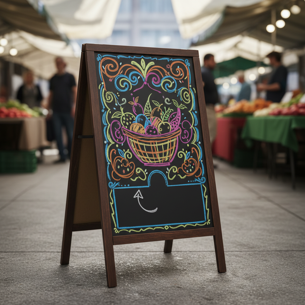A modern A-frame chalkboard sign standing on pavement in front of a market stall, featuring colorful chalk art and an Instagram handle, blurred market background