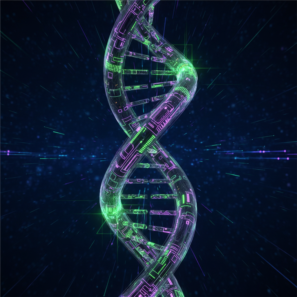 Futuristic abstract DNA double helix made of glowing fiber optics and circuit board traces, dark deep blue and black background, neon green and electric purple accents, cinematic lighting, 8k resolution, high tech biomedical concept