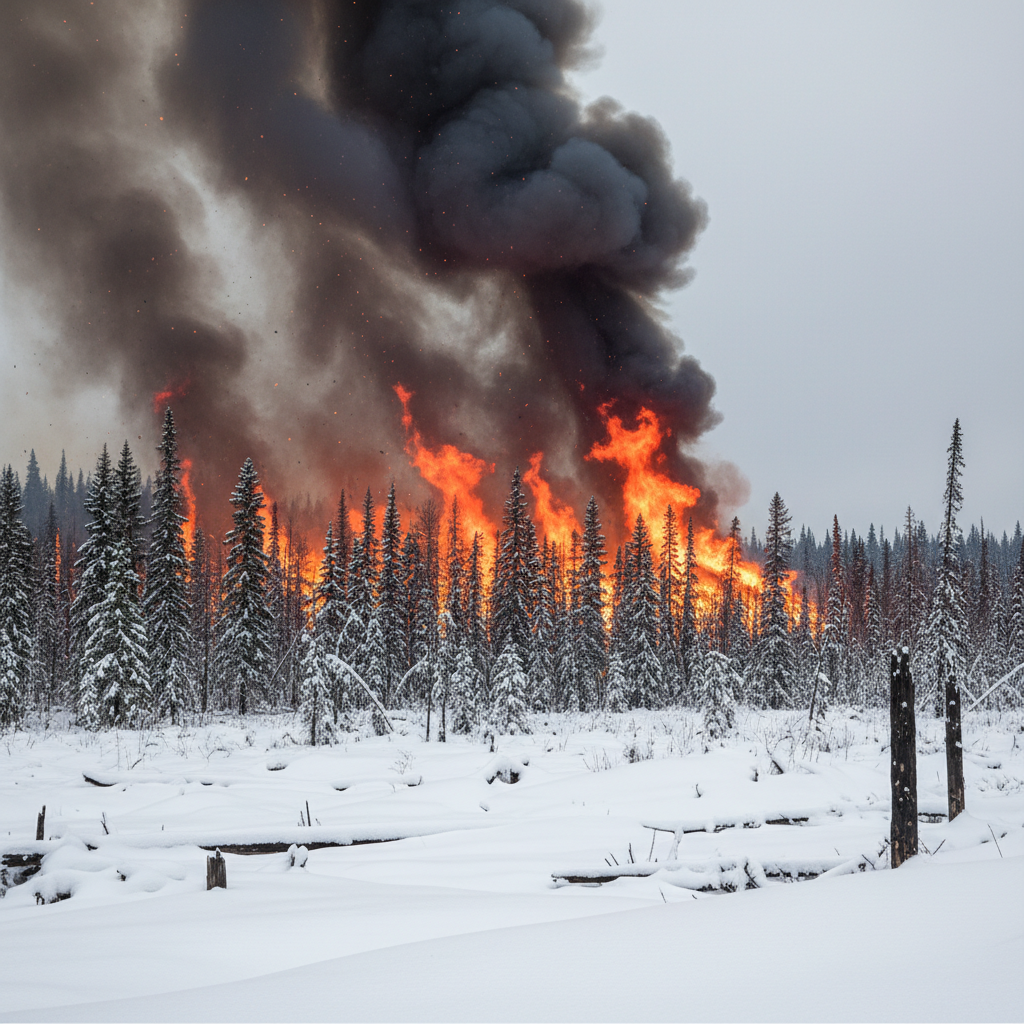 Intense photography of a massive forest fire in the Siberian taiga, snow on the ground contrasting with bright orange flames, realistic 8k