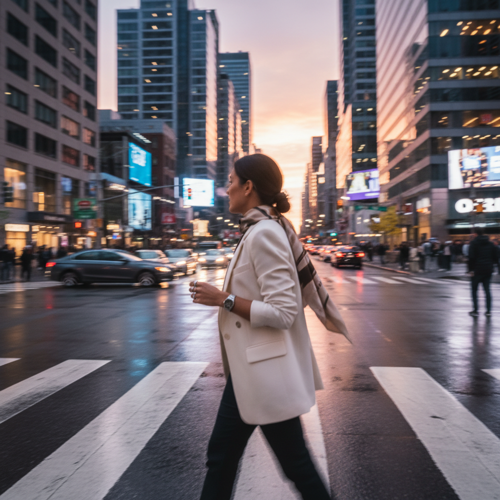 Modern urban scene, woman in business casual attire crossing a street, motion blur, wearing a watch and rings, dynamic city atmosphere