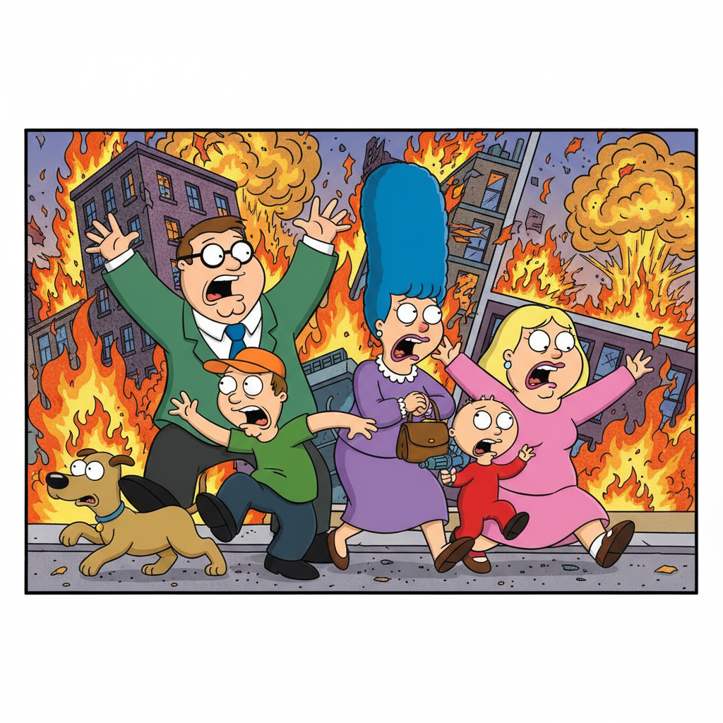 Cartoon family group shot reminiscent of the Griffins running in panic with comic book style fire, explosions, and chaos in the background, action pose