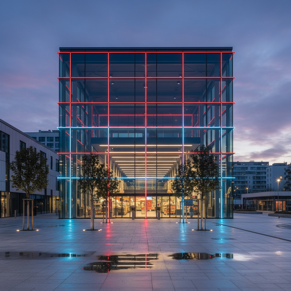 Modern European supermarket exterior architecture, glass facade at twilight with red and blue neon accent lighting, professional corporate photography, 8k resolution, photorealistic
