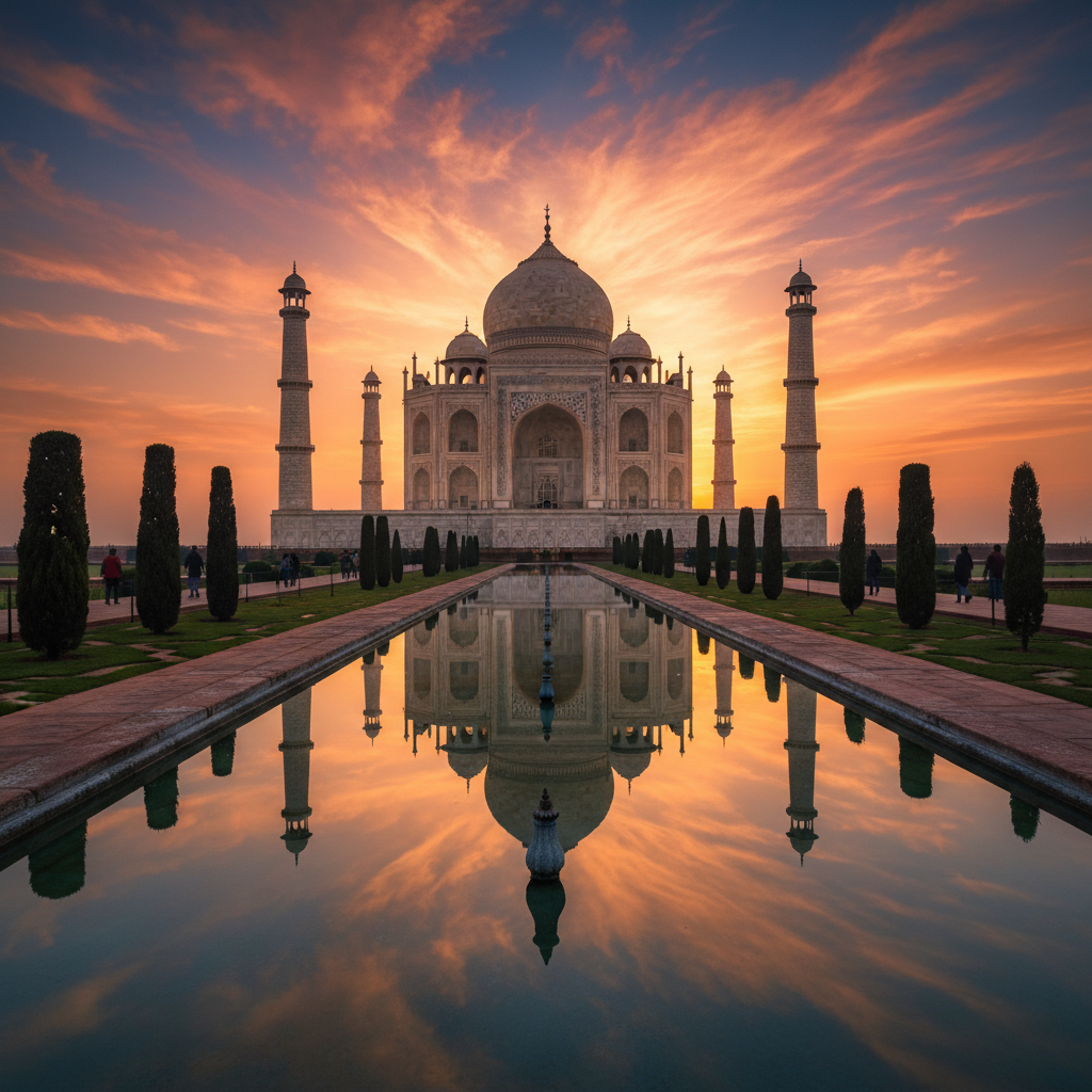Cinematic wide shot of the Taj Mahal at sunrise, vibrant orange sky reflecting in the water, hyper-realistic, 8k