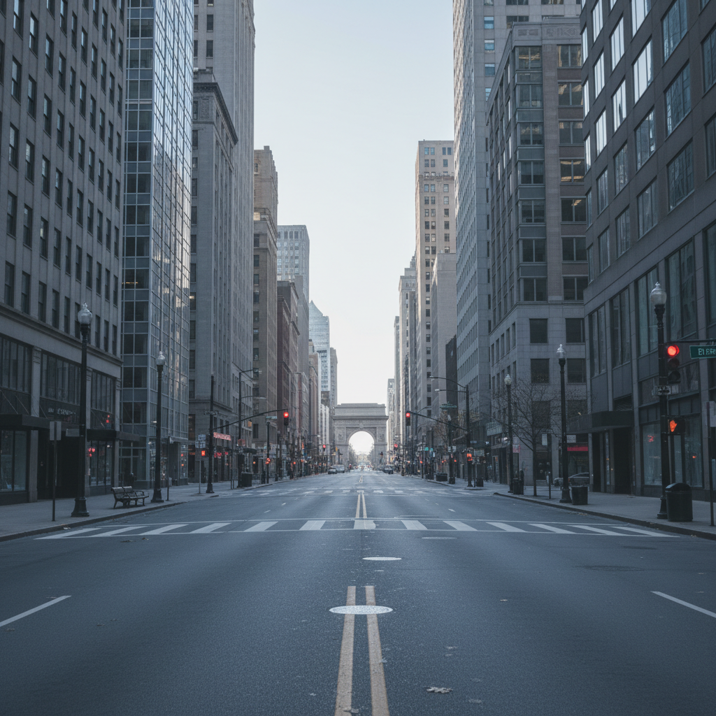 Empty major city street during lockdown, silence, photorealistic