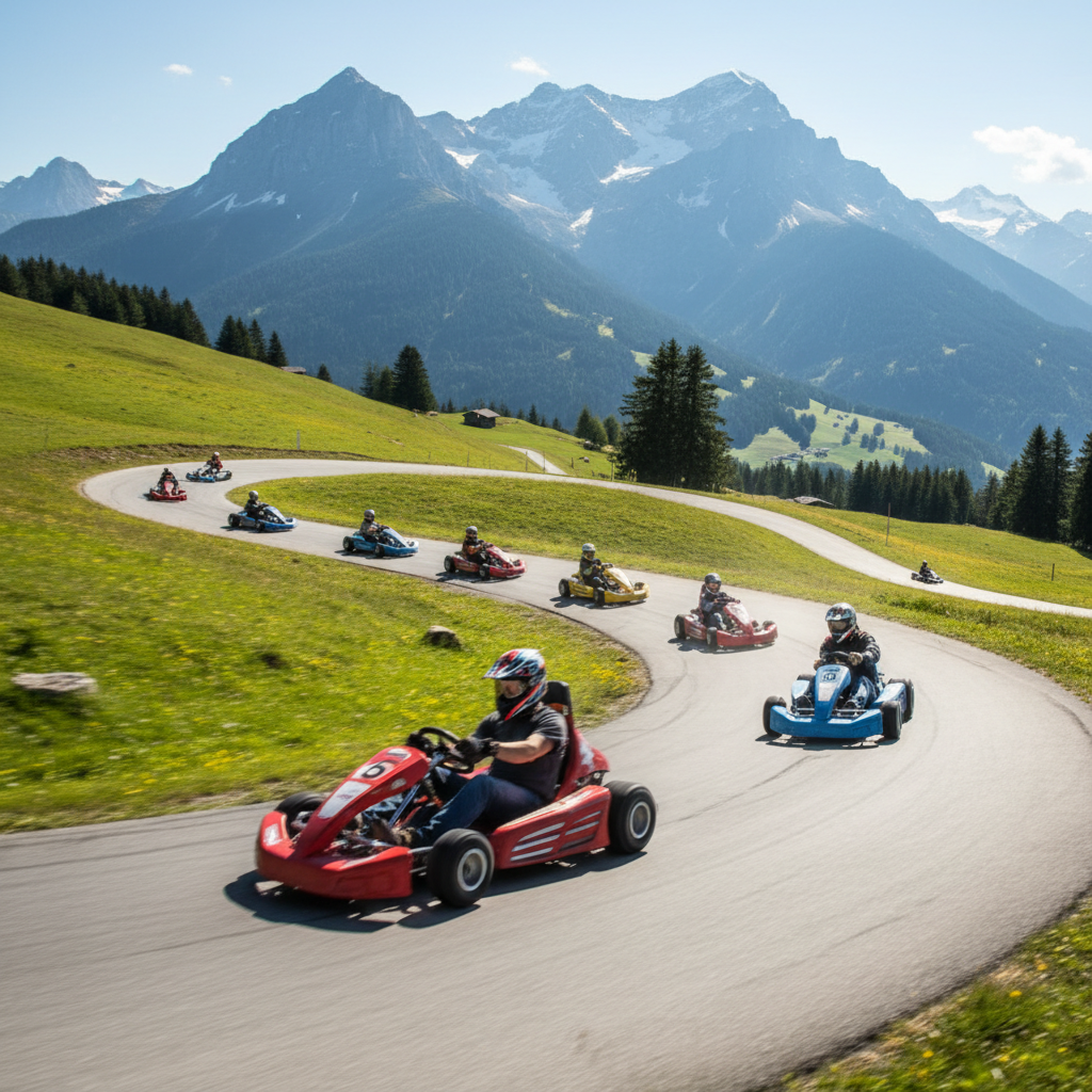 Action shot of mountain go-karts racing down a winding paved track on a green hillside with majestic snowy mountains in the background. Sunny day, motion blur, dynamic angle. 8k photorealistic.