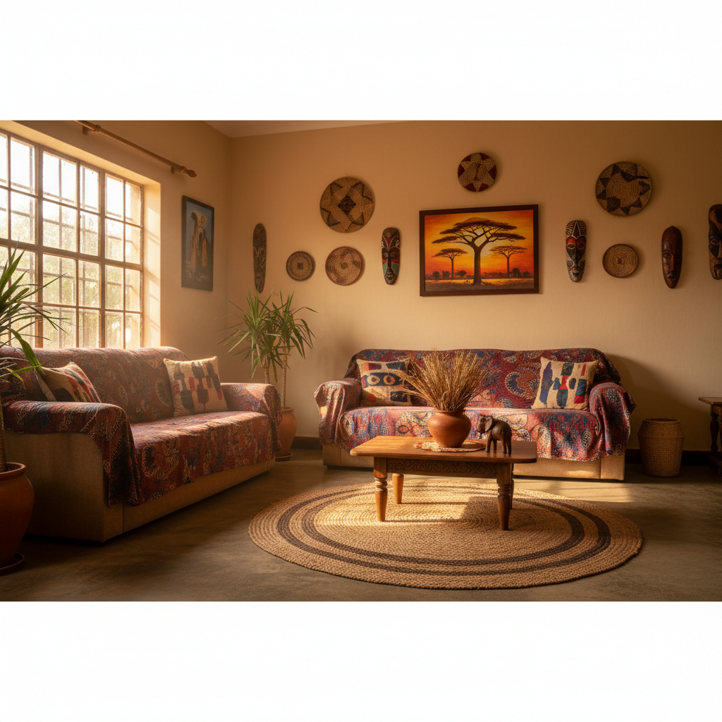 A cozy, modest home interior in Zambia with African decor elements, sunlight streaming in, peaceful atmosphere