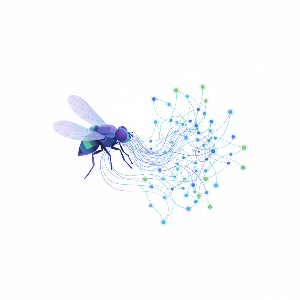 A conceptual illustration of a fruit fly connected via a glowing digital thread to a complex network graph of interconnected nodes, biological meets digital, clean minimalistic vector style on white background