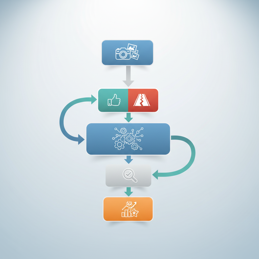Flowchart diagram showing the process: Image Collection -> Classification (Good/Pothole) -> Teachable Machine Training -> Testing -> Evaluation. Clean professional style.