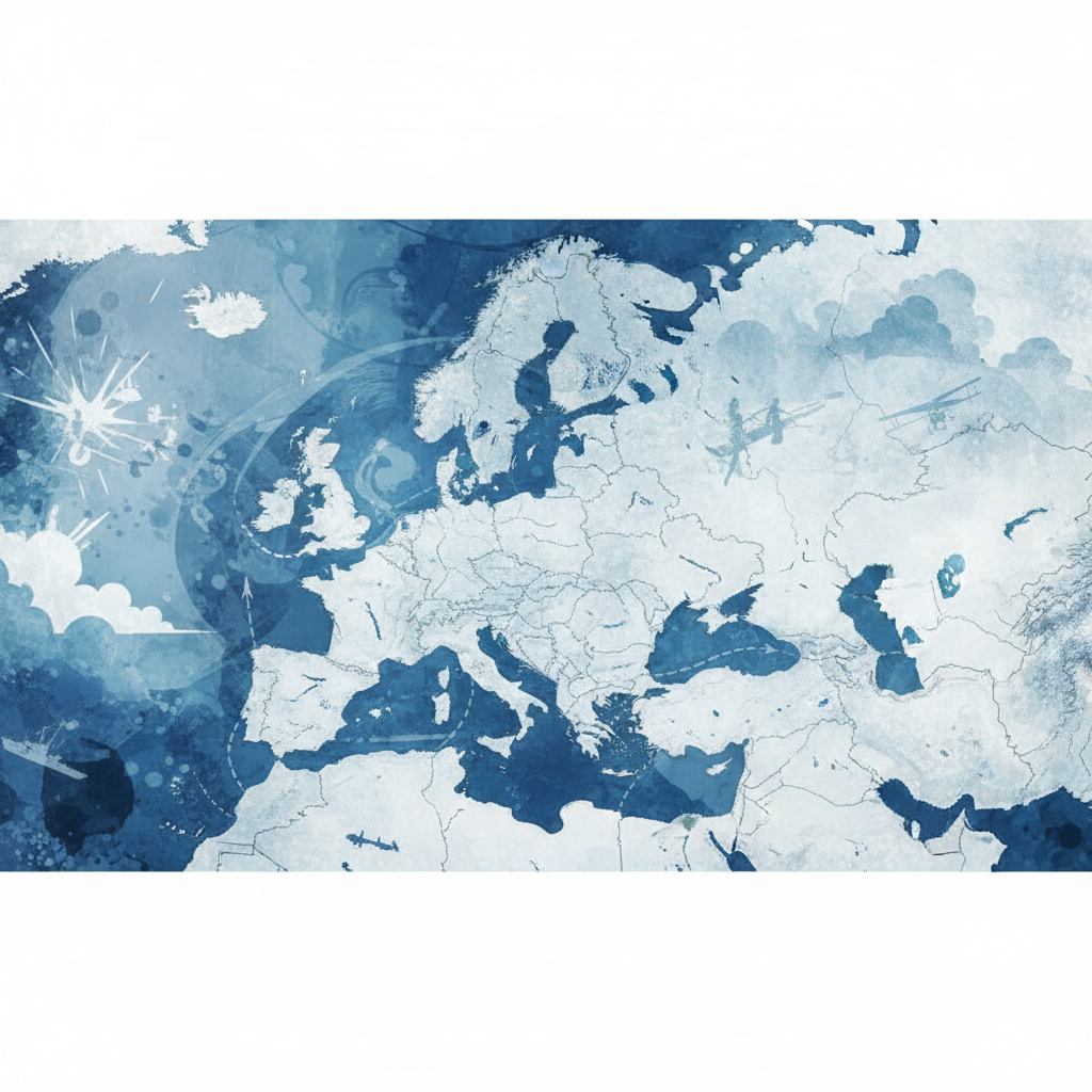 Abstract historical background representing World War I, vintage map overlay, blue and white tones, education style, high resolution, soft lighting