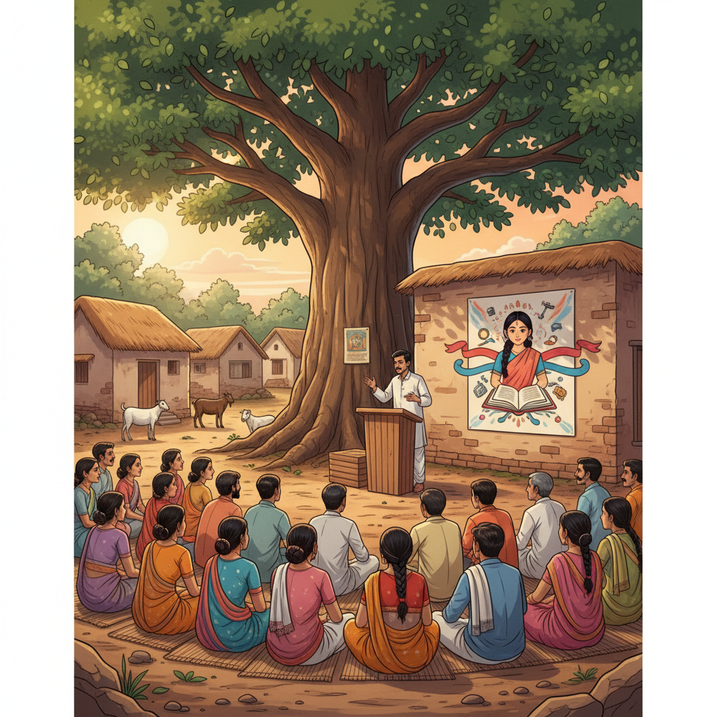 Illustration of a community meeting in an Indian village, people listening to a speaker, poster of Beti Bachao Beti Padhao visible in background.