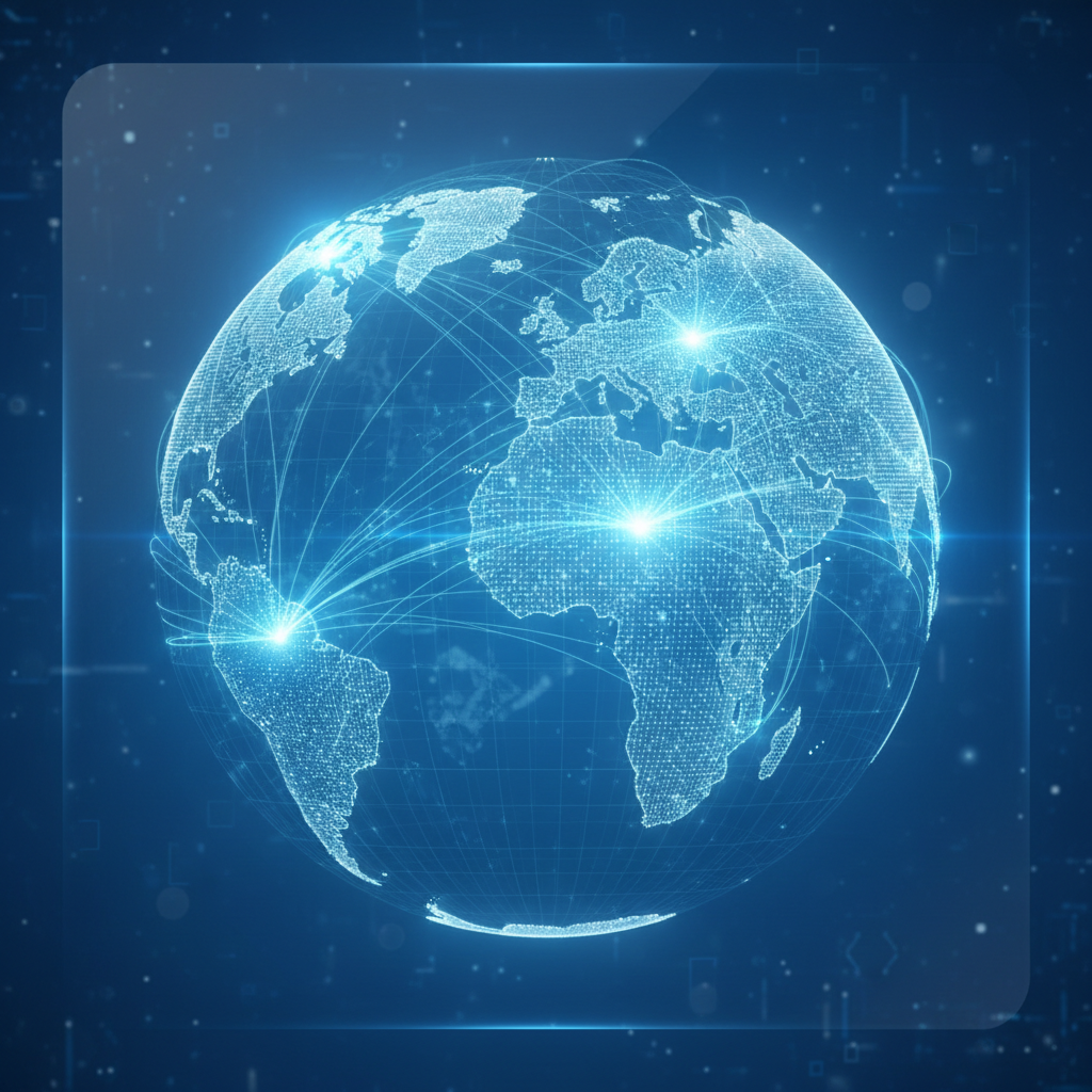 3D visualization of a global map with financial nodes connecting US and China, digital network style, blue background