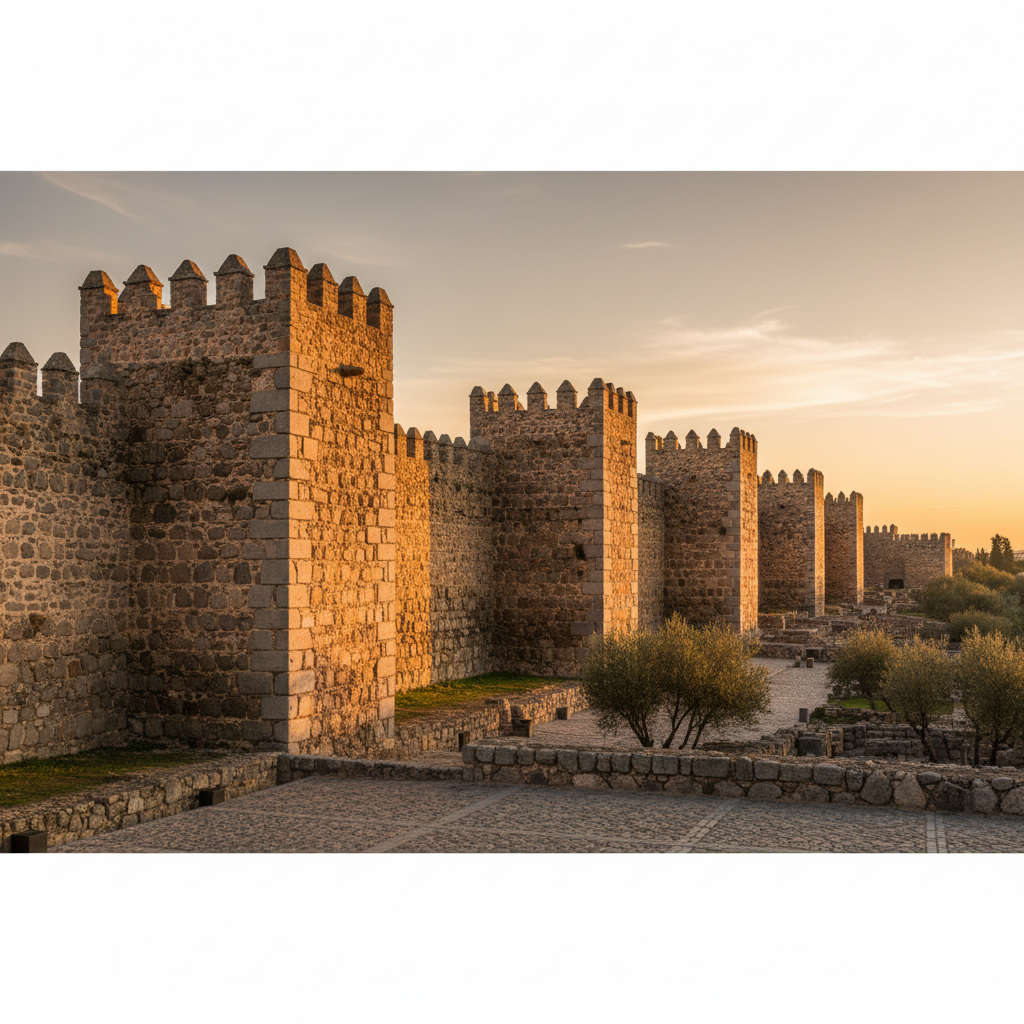 Ancient stone walls of medieval Madrid with warm lighting, historic atmosphere, no people, detailed texture regarding old spanish masonry