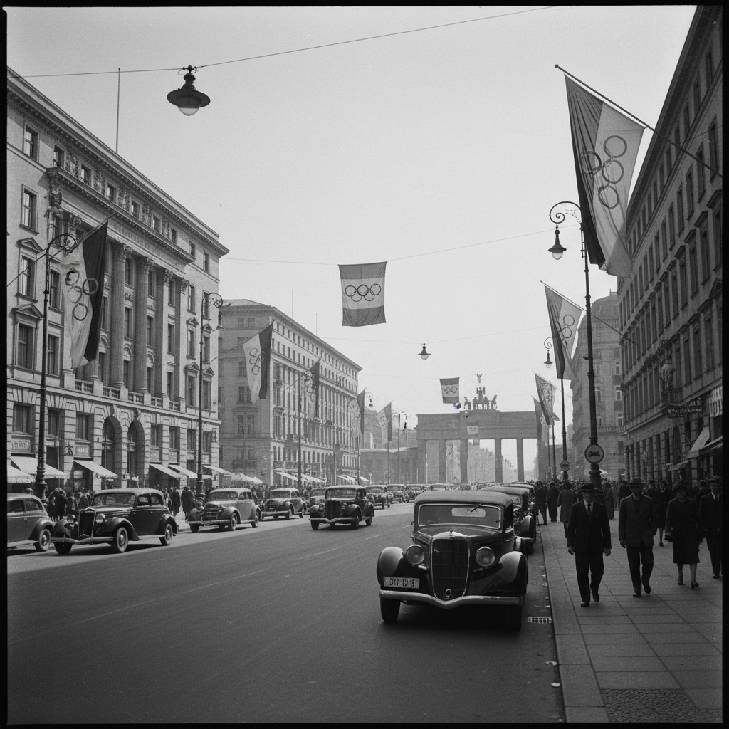 1930s Berlin street scene with olympic flags, vintage cars, historical architecture, sunny day, cinematic composition, black and white photography style