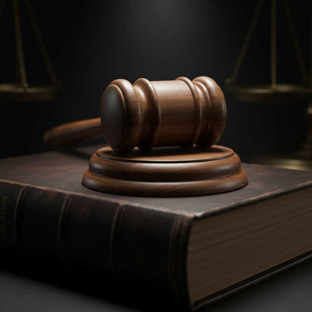 A close-up of a wooden judge's gavel resting on a thick law book, dark moody lighting, symbolizing legal authority and rigid structure, photorealistic