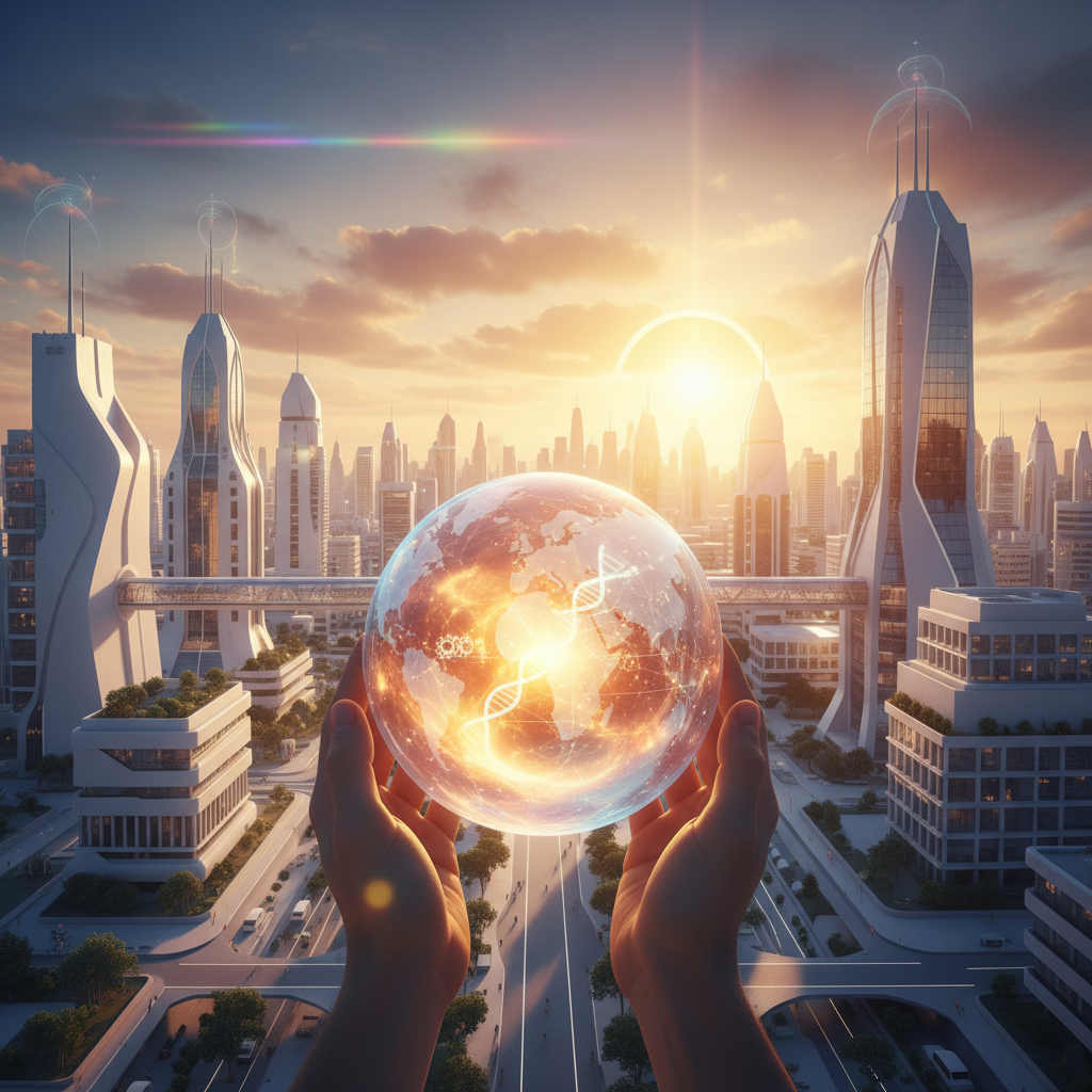Symbolic image of hope and science, sunrise over a clean architectural city, or a globe held in hands, warm colors