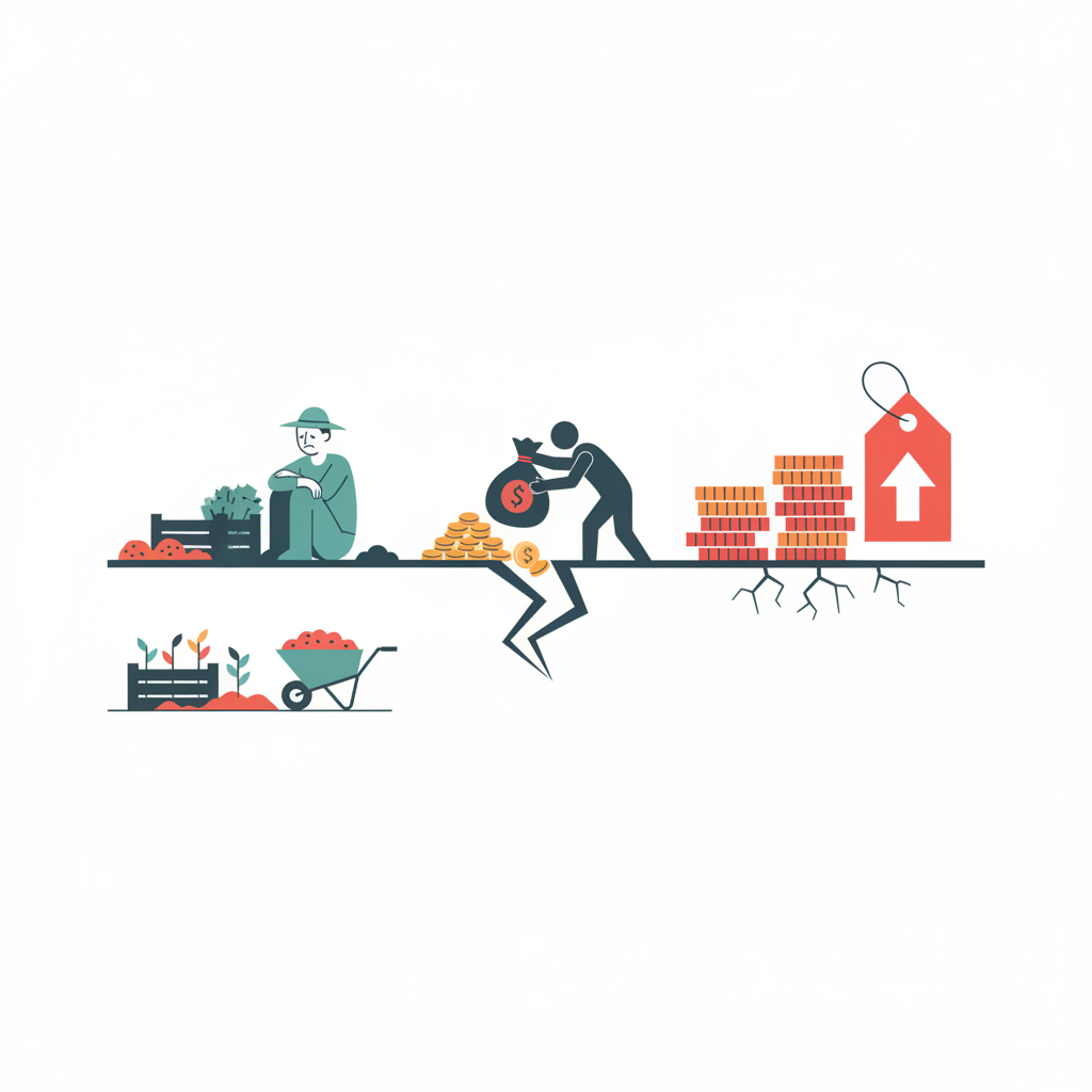 Illustration of a broken supply chain, sad farmer on one side, money being taken by a silhouette middleman, high prices on the other side, minimalist flat style