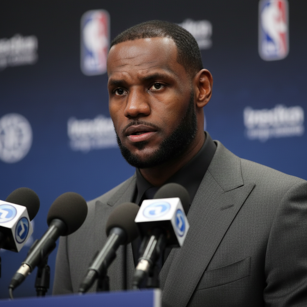 LeBron James serious expression, press conference microphone foreground