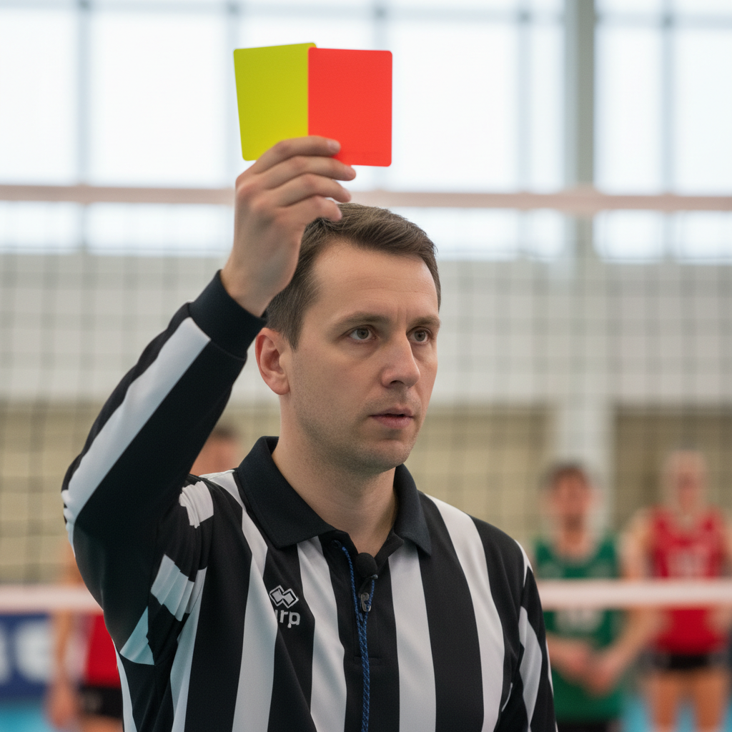 Close-up of a volleyball referee holding a yellow and red card, shallow depth of field, professional sports photography style