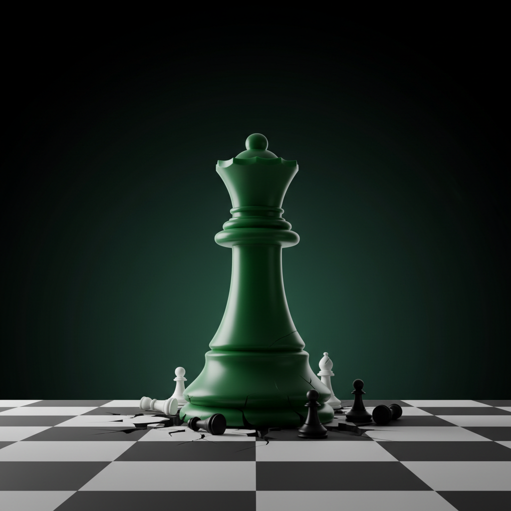abstract chess concept showing one large green piece dominating the board, minimal style, high contrast
