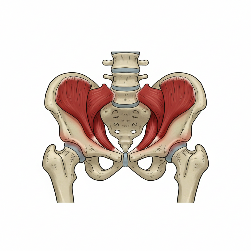 Detailed medical illustration of the Iliopsoas and Rectus Femoris muscles, anterior view of the hip and thigh, highlighting muscle attachments on white background