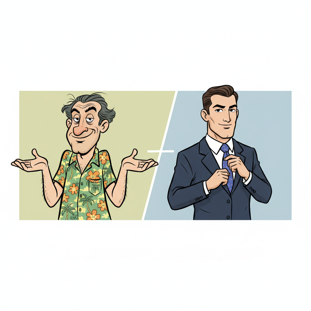 Split screen cartoon. Left side: A caricature of a creepy cartoon man in a Hawaiian shirt shrugging. Right side: A handsome man in a business suit fixing his tie. Conceptual comparison.