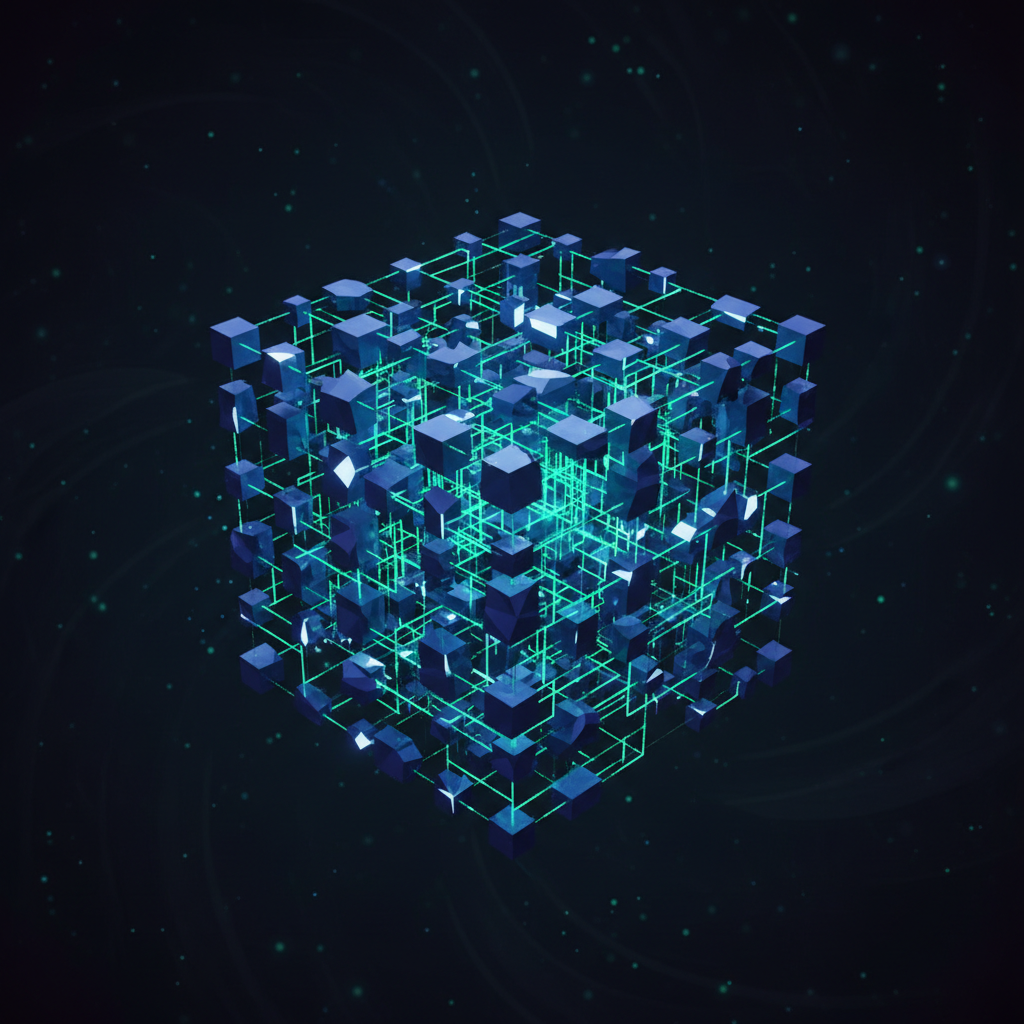 Abstract digital blockchain network nodes connected by glowing green lines forming a cube structure, dark background, high tech style