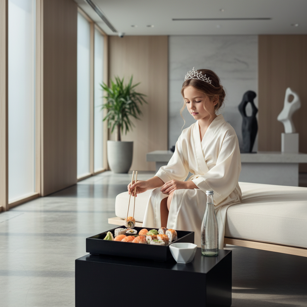 Sleek editorial photo of a stylish 10-year-old girl in a luxury spa setting, wearing a silk robe and a delicate tiara, enjoying sushi, minimalist chic aesthetic, soft lighting, fashion magazine quality.