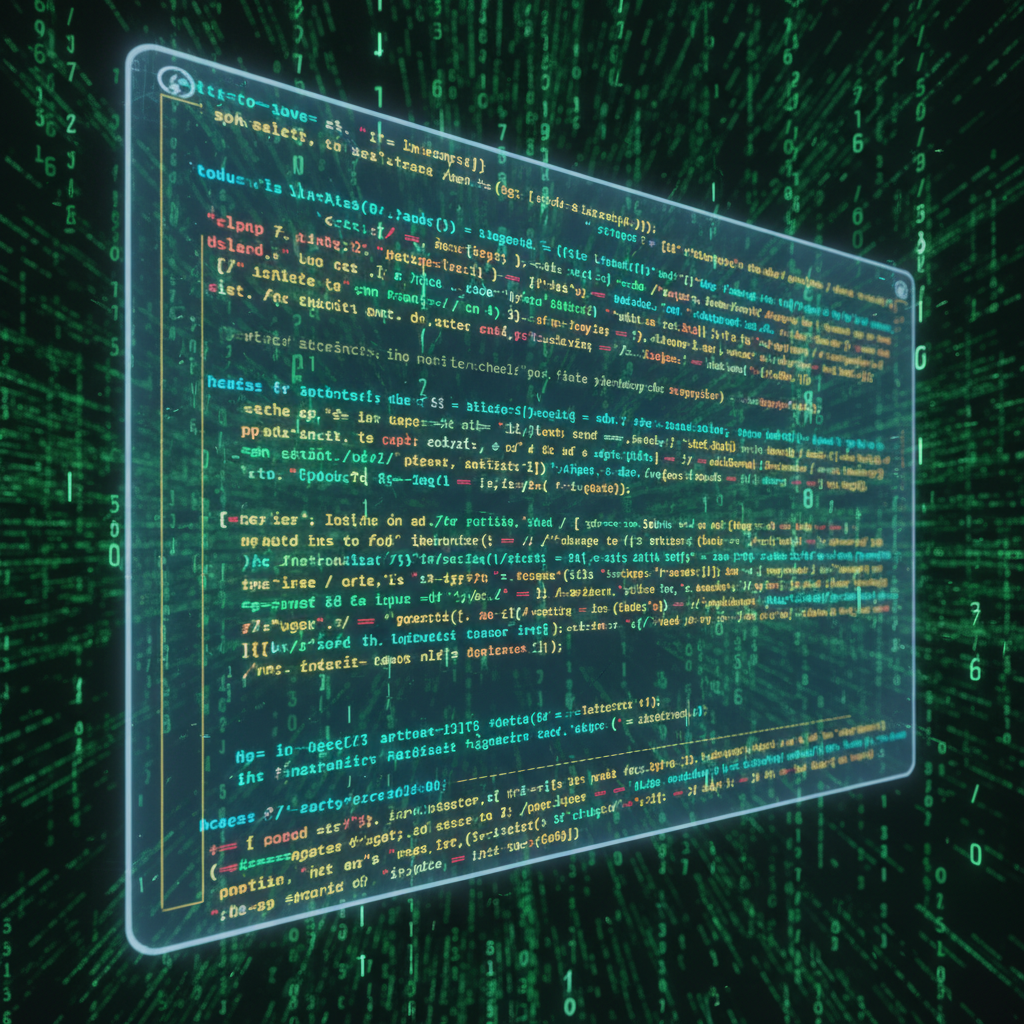 close up of a computer screen holographic projection showing colorful neat computer code syntax, matrix style background