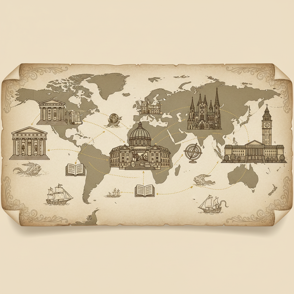 An artistic visualization of a travel map connecting various educational landmarks like ancient libraries, museums, and universities, vintage style