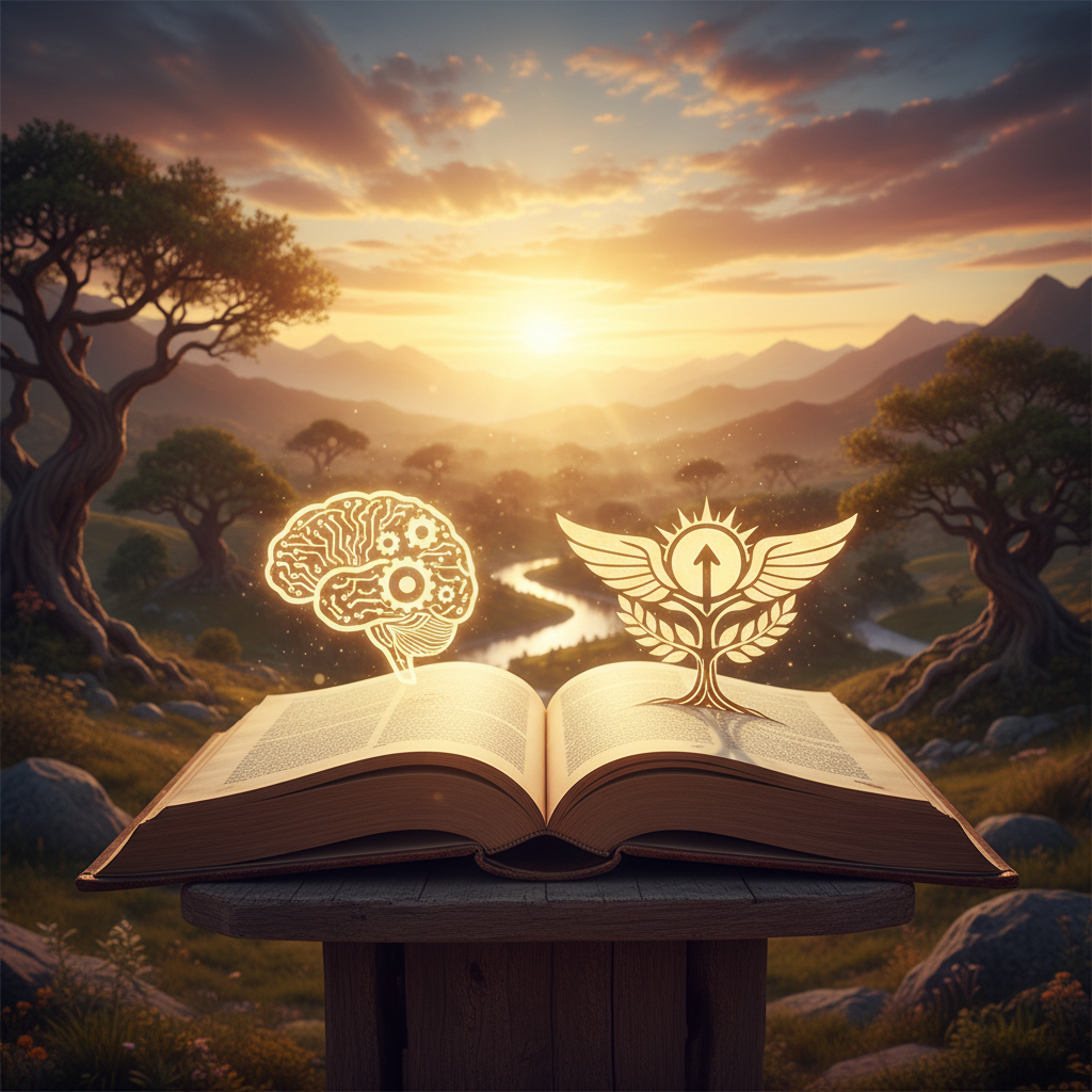 A warm, inspiring sunrise over an open book, symbolizing knowledge and success, realistic style