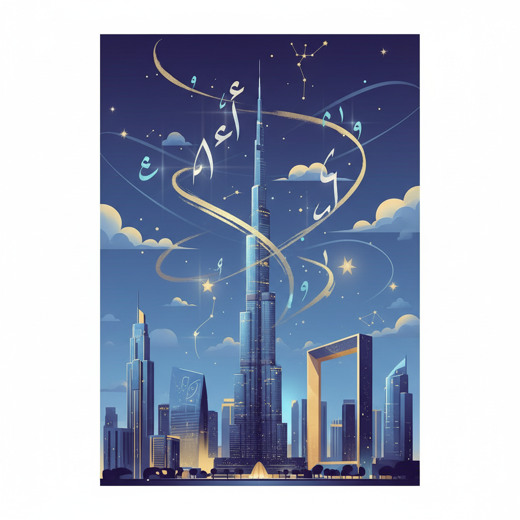 A modern illustration of the Dubai skyline with faint artistic Arabic numbers and calligraphy floating in the sky, representing wisdom and connection