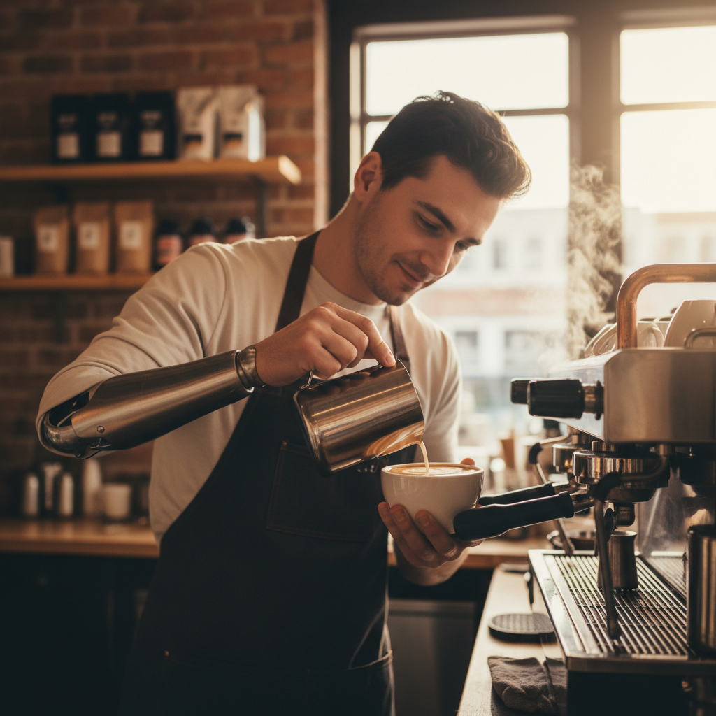 Close-up shot of a barista with a disability making coffee, professional espresso machine, latte art, focus and skill, warm tones